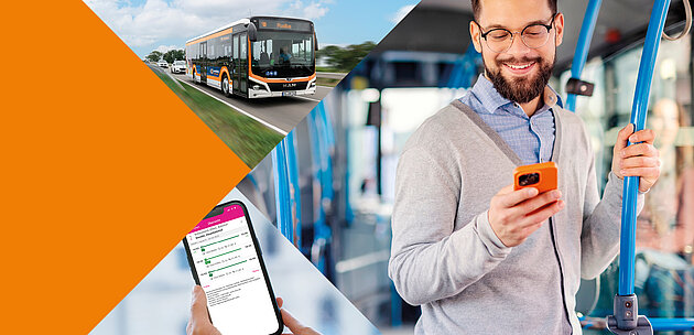 Ein Mann steht in einem Bus und hält ein Handy, ein Bus fährt auf uns zu, die INSA-App wird auf einem Handy genutzt