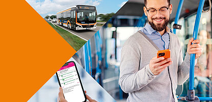 Ein Mann steht in einem Bus und hält ein Handy, ein Bus fährt auf uns zu, die INSA-App wird auf einem Handy genutzt