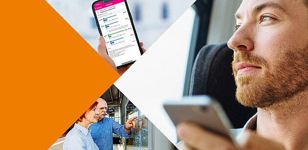 Ein Mann sitzt im Zug und nutzt ein Handy, eine Frau und ein Mann schauen auf einen Aushangfahrplan, die INSA-App wird auf einem Handy genutzt.